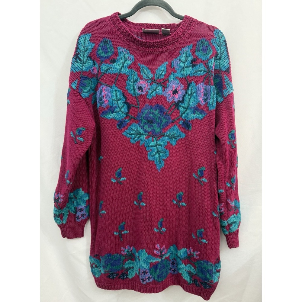 VTG Nordstrom Point of View Knit Long Sweater Fushia Floral Womens Size M